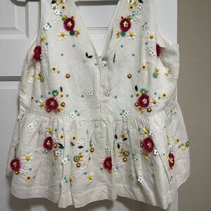 NWOT J. Crew White Hand-Embellished Floral White Peplum Tank Top size 10